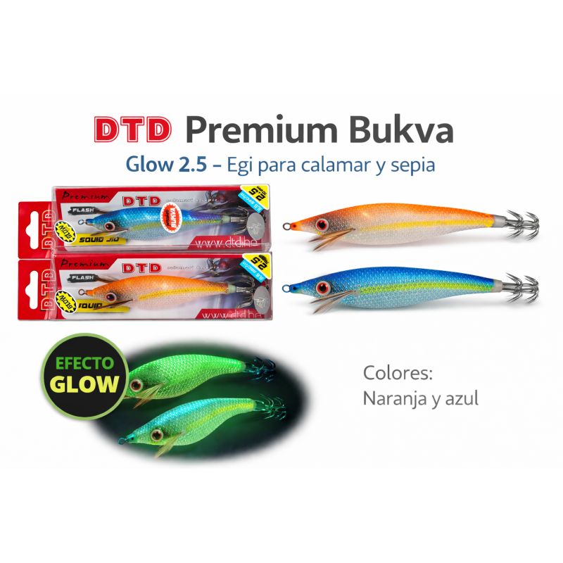 DTD Premium Bukva Glow 2.5 egi para calamar y sepia en colores naranja y azul